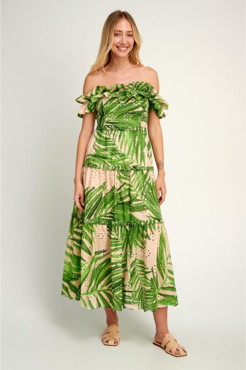 pearl & caviar broderie off shoulder tiered dress