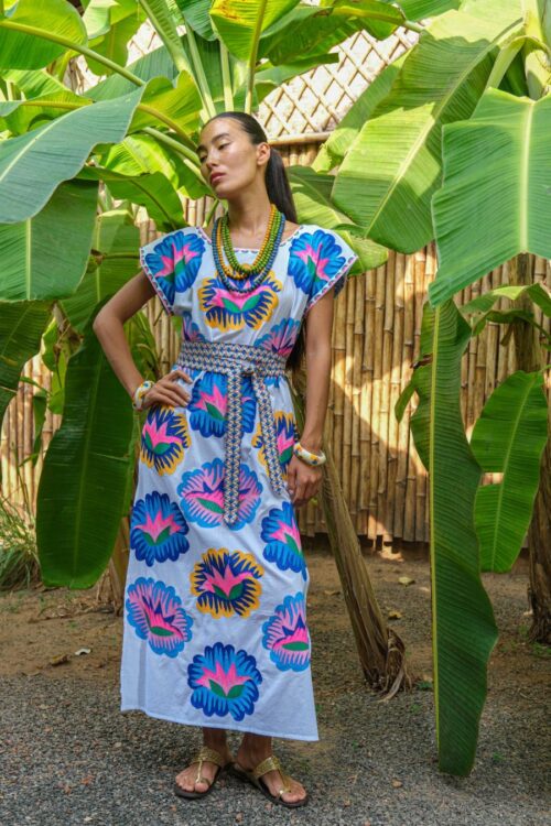 nimo with love kaftan dress malachite white lotus embr.